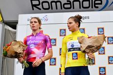 Demi Vollering and Lotte Kopecky on the podium at the Tour de Romandie