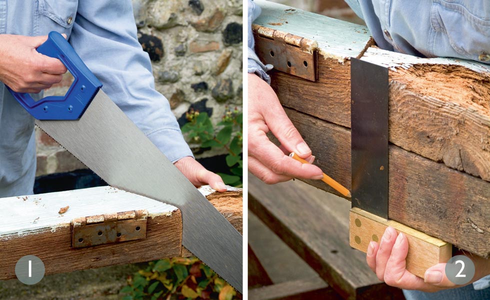 Repairing wood rot on a shed door post steps 1 and 2