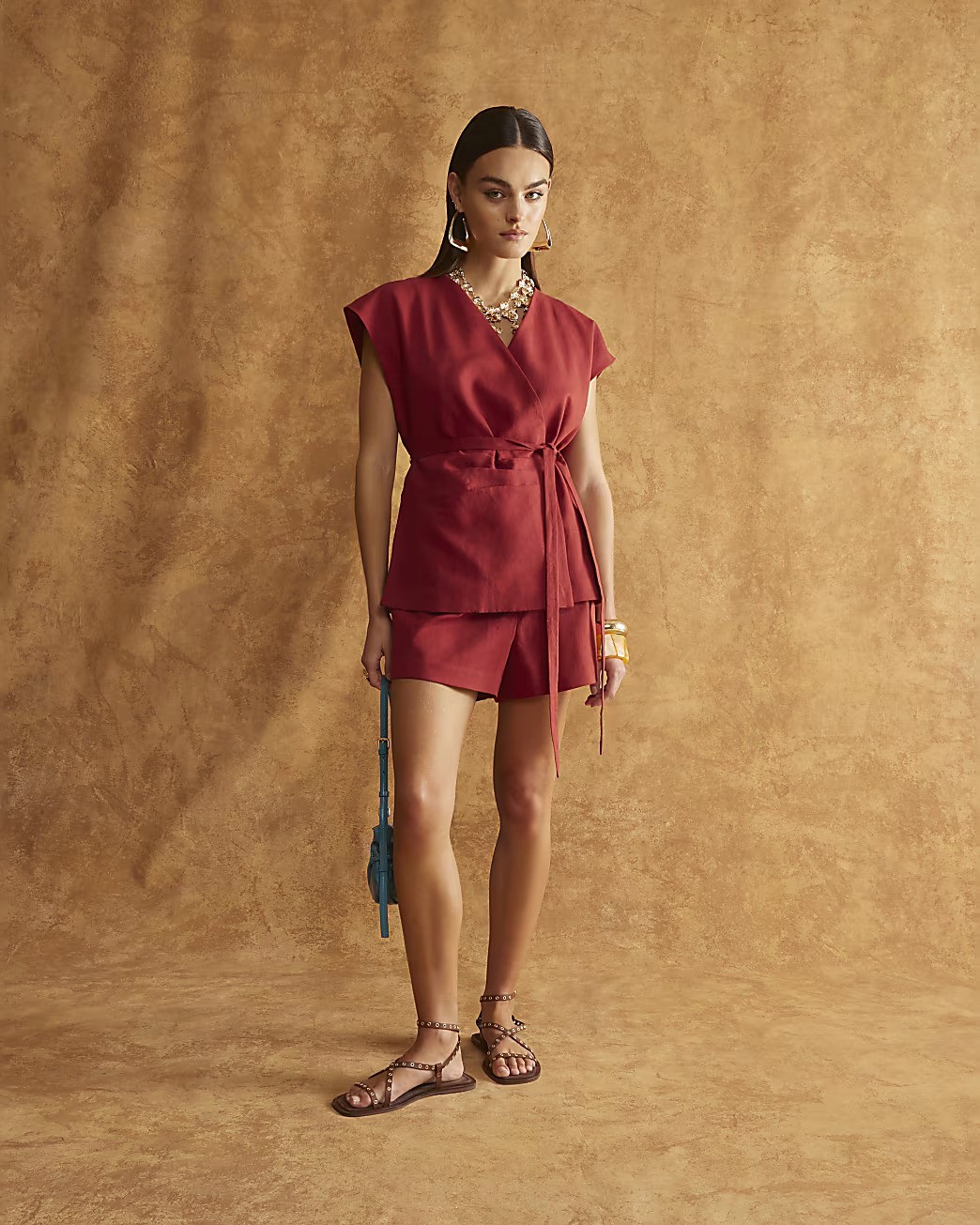 Red Off Shoulder Wrap Tie Tunic Top