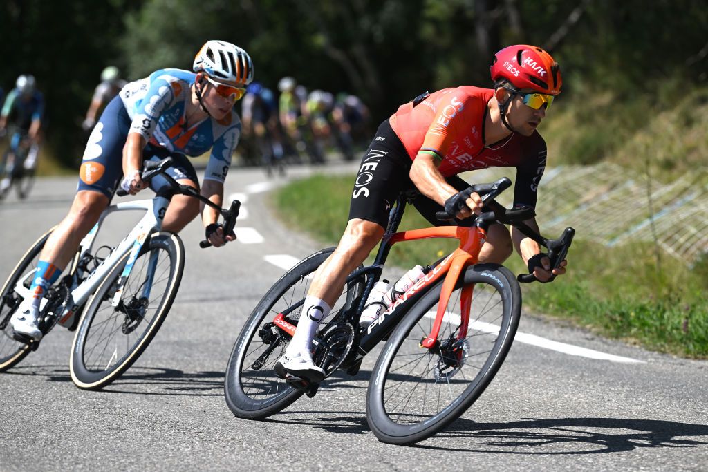 BARCELONNETTE FRANCE JULY 18 Michal Kwiatkowski of Poland and Team INEOS Grenadiers competes in the breakaway during the 111th Tour de France 2024 Stage 18 a 1795km stage from Gap to Barcelonnette 1134m UCIWT on July 18 2024 in Barcelonnette France Photo by Dario BelingheriGetty Images
