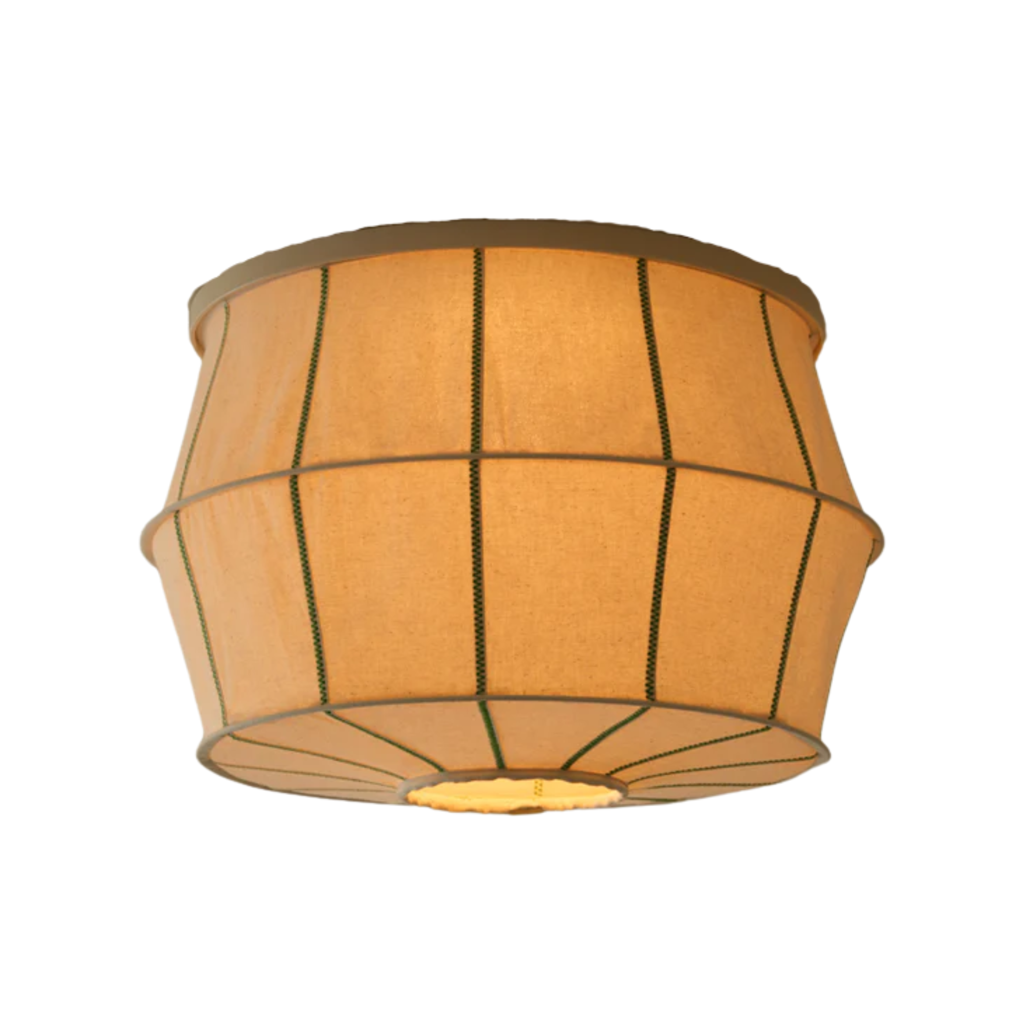 a ceiling light shade with green piping