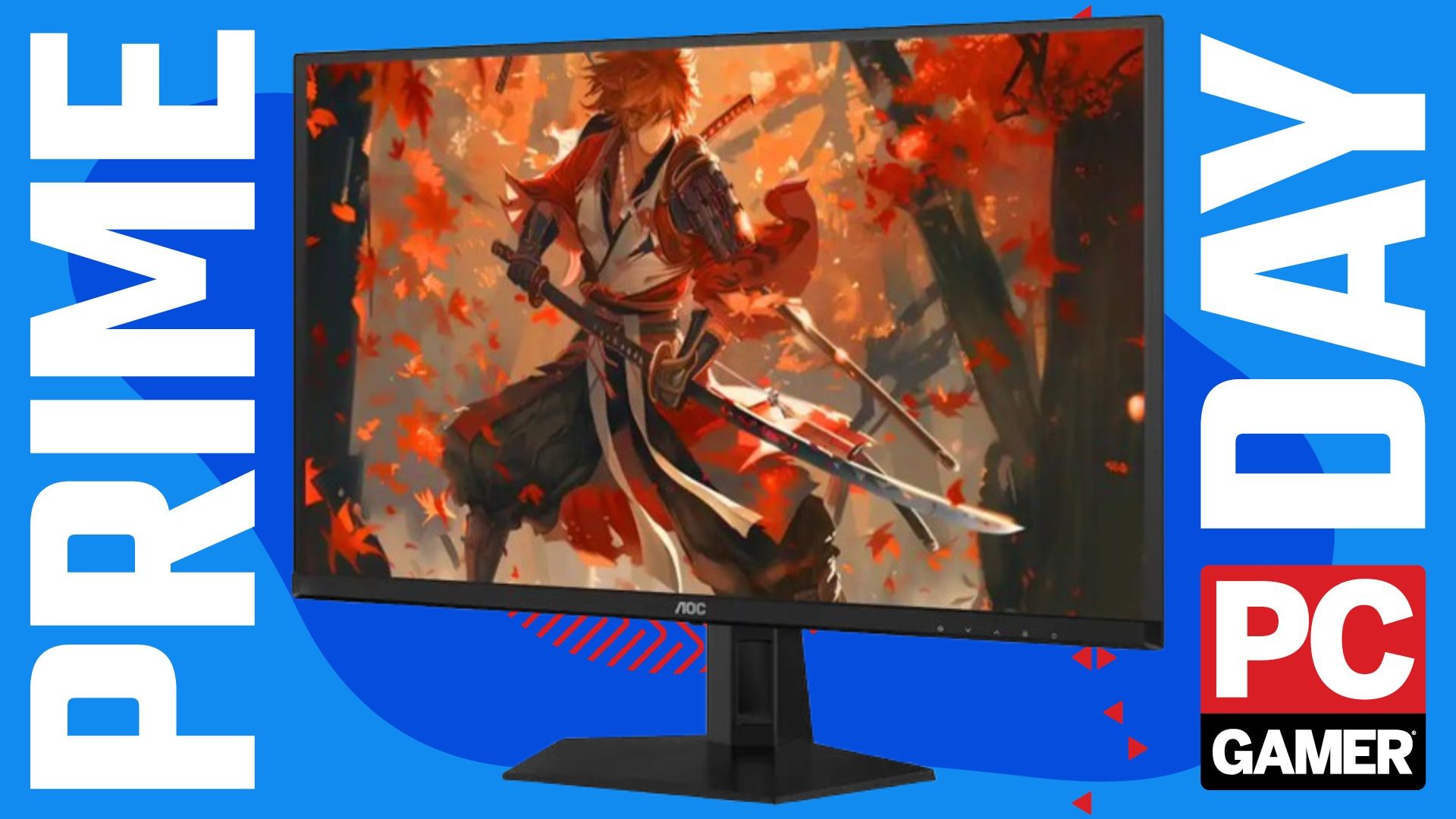 An AOC gaming monitor on a blue Prime Day deals image