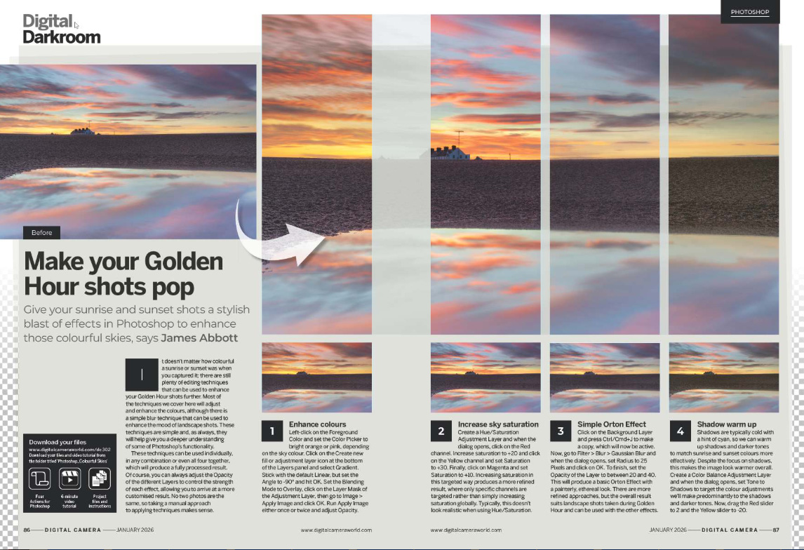 Image showing the Get the Look tutorial in issue 302 (January 2026) of Digital Camera magazine, about making photos of golden hour pop in Adobe Photoshop