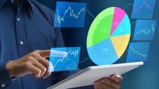 A man holds a tablet with financial charts and a pie chart floating above it.