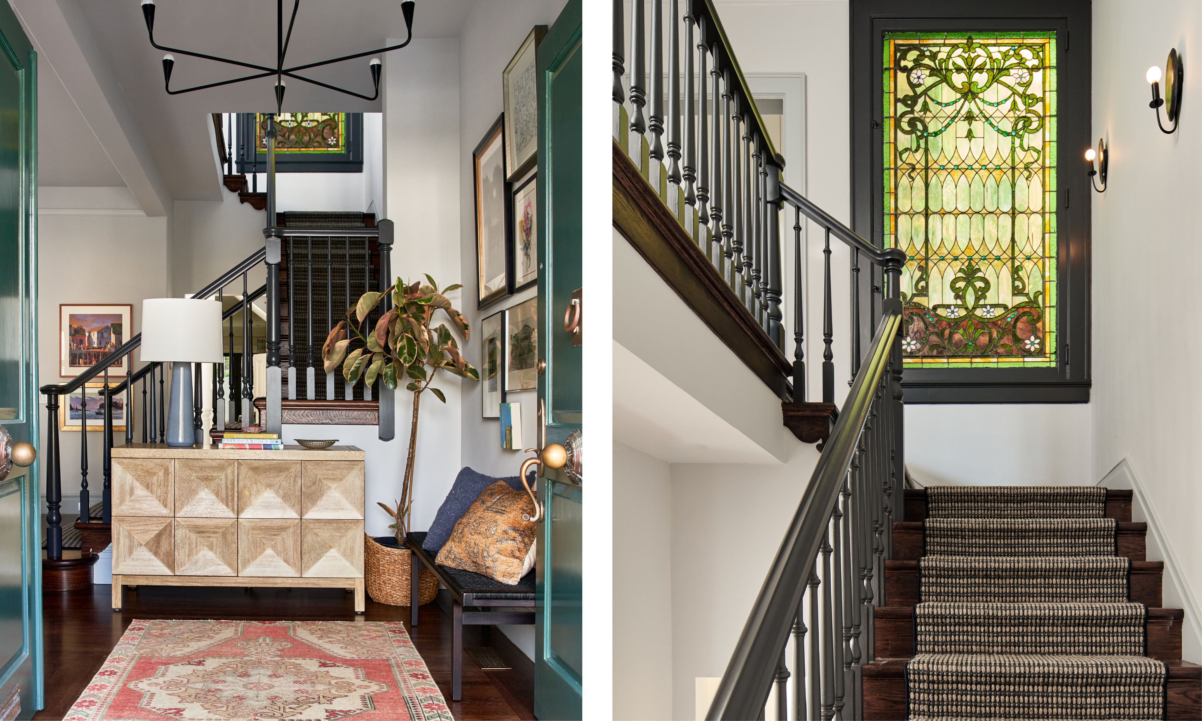 the indoor entrance and staircase of a colorful San Francisco home reimagined by design team Studio Monroe