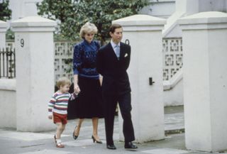 Princess Diana, Prince William and Prince Charles taking William to nursery