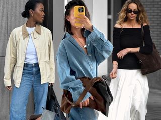 fashion collage of three influencers Marilyn Nwawulor-Kazemaks, Sasha Mei, and Anouk Yve wearing chic fall outfits with jackets, skirts, jeans, suede bags, and more