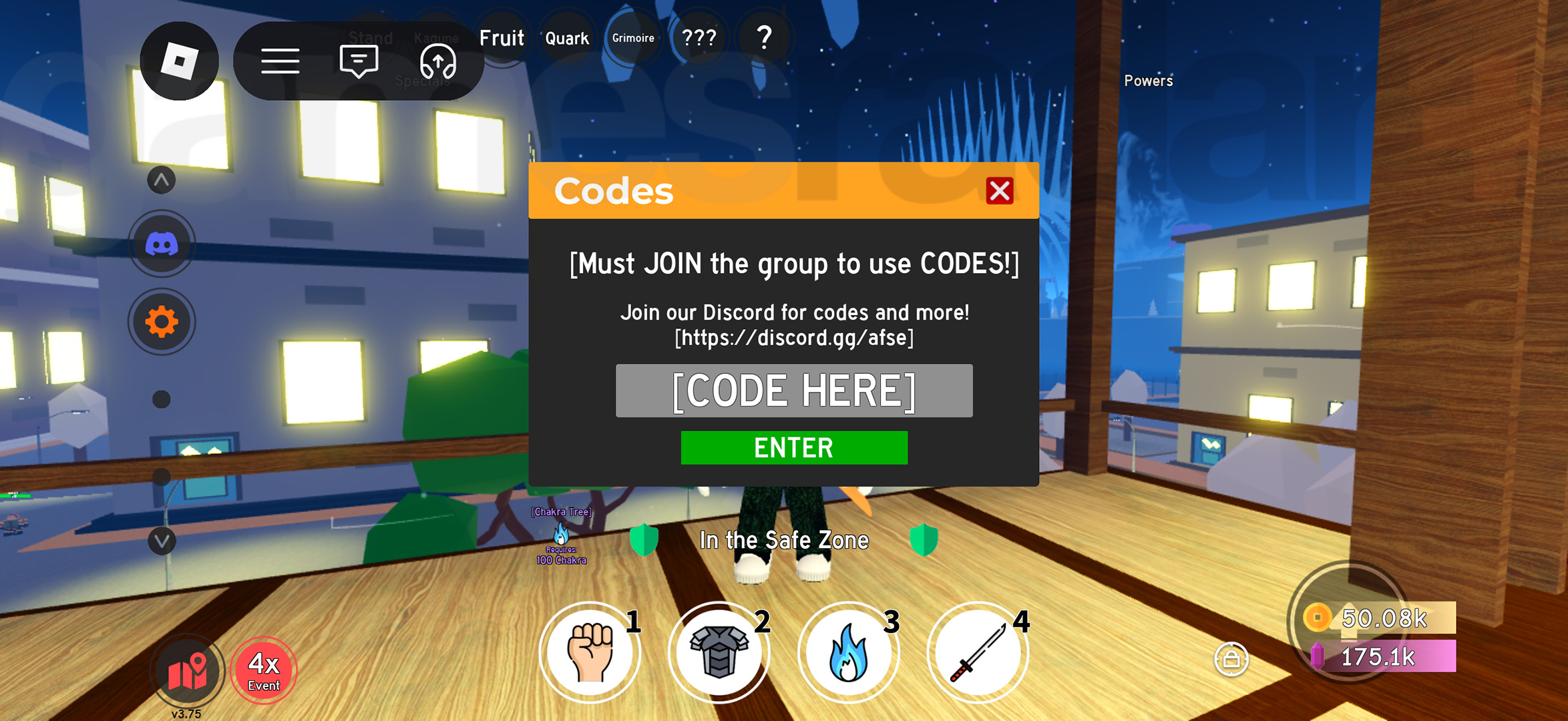 The menu to redeem Anime Fighting Simulator: Endless codes