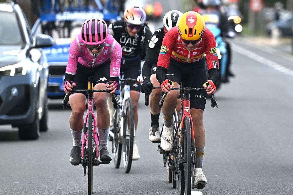 NIVONE, BELGIUM - FEBRUARY 28: (L-R) Nina Berton of Luxembourg and Team EF Education - EasyPost and Kamilla Aasebo of Norway and Team Uno-X Mobility compete in the breakaway during the 21st Omloop Het Nieuwsblad 2026, Women&amp;amp;apos;s Elite a 137.2km one day race from Ghent to Ninove / #UCIWWT / on February 28, 2026 in Ninove, Belgium. (Photo by Luc Claessen/Getty Images)