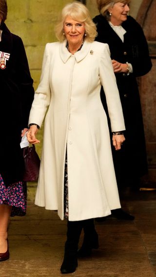 Queen Camilla arrives to attend a Musical Evening at Salisbury Cathedral in February 2024