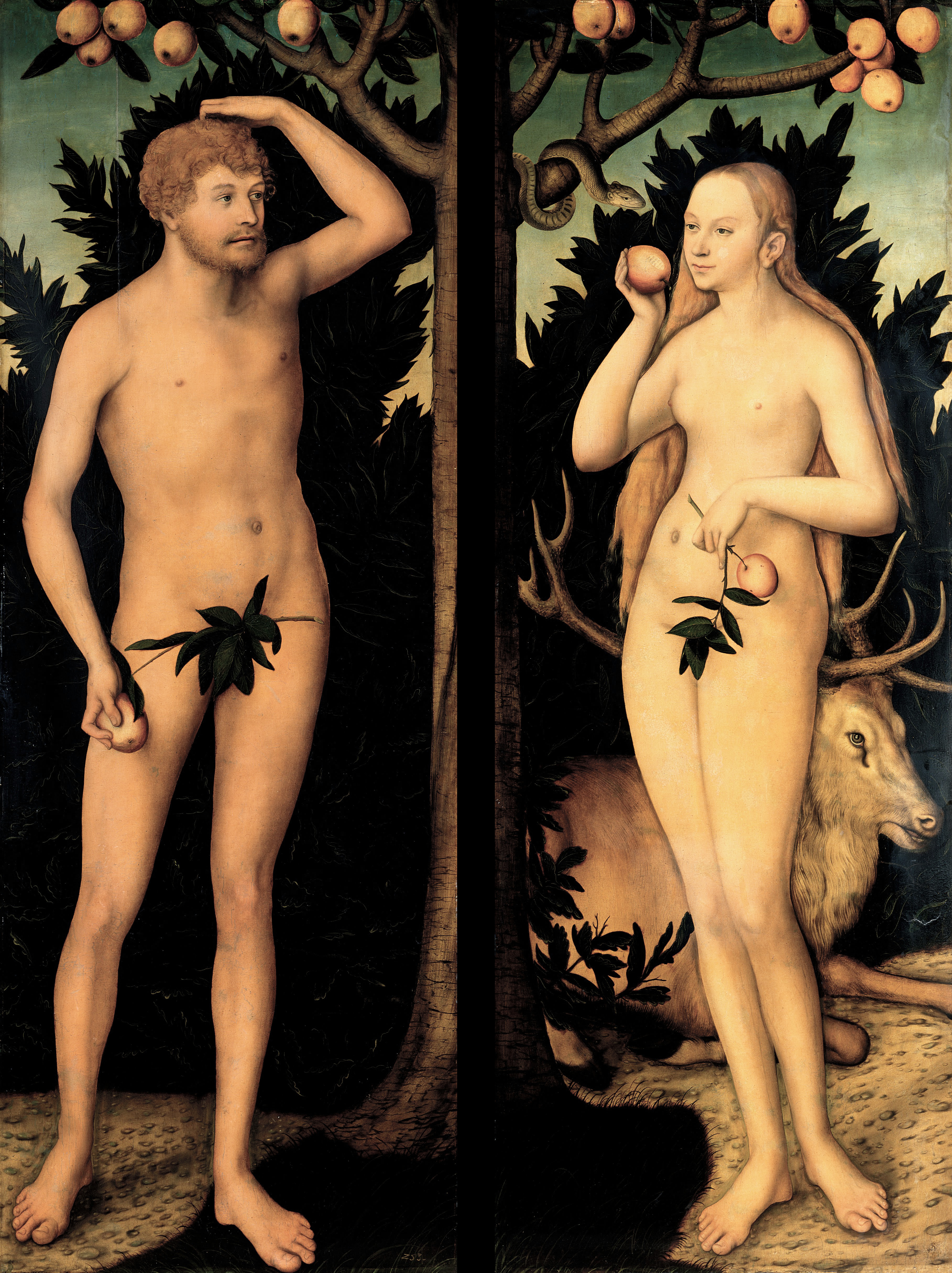 In this painting by Lucas Cranach the Younger, Eve is tempted by the serpent to eat from the Tree of Knowledge. This foundational story from the Bible ends in Adam and Eve forced to leave the Garden of Eden because Eve succumbed to temptation.