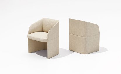 ‘Timo’ chair, by Federica Biasi. Two straight backed armchairs covered with cream fabric.