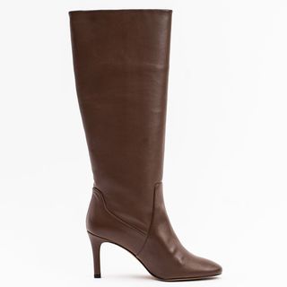 brown high heeled, knee high vegan leather boots