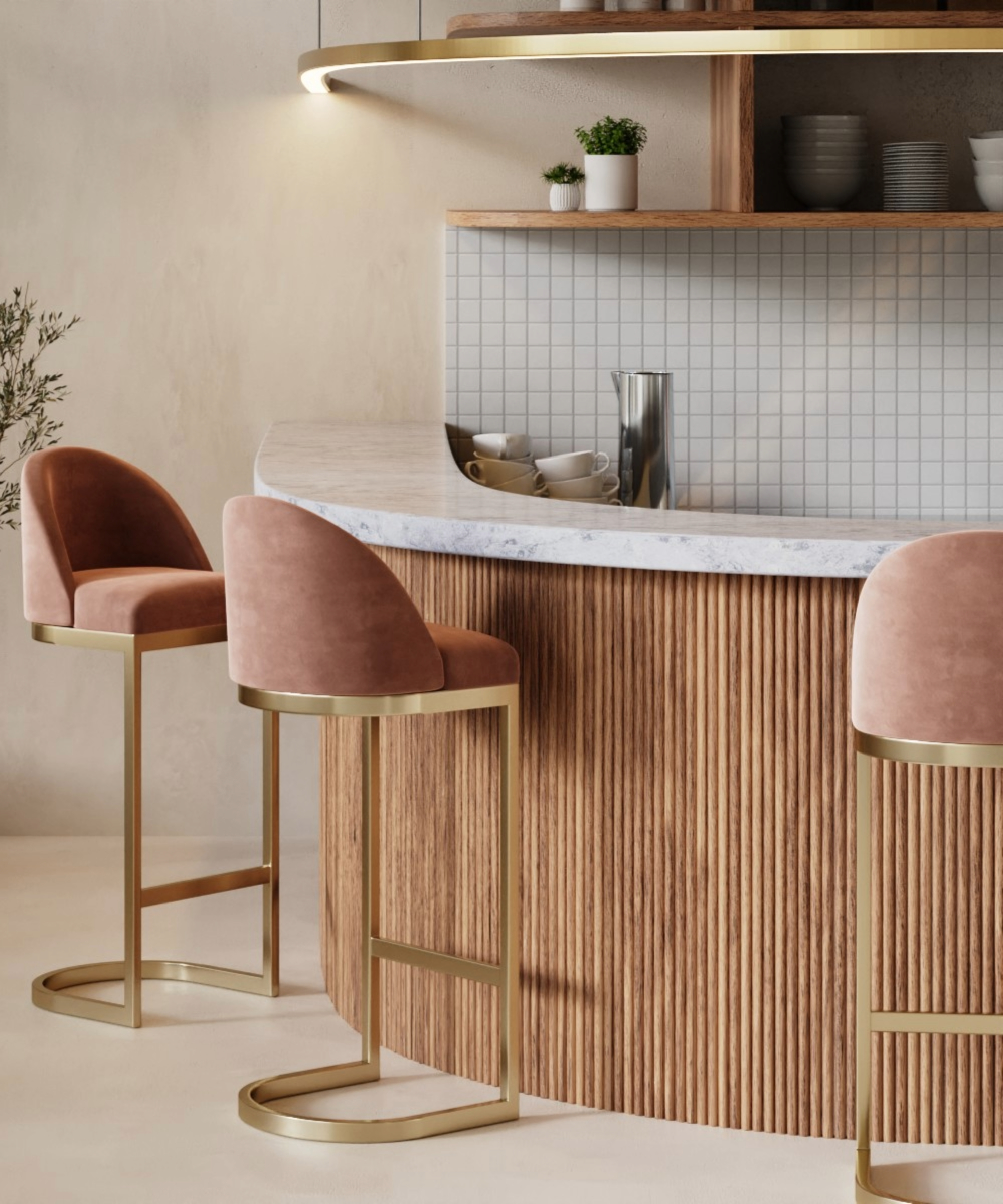 Pink stools round a wooden curved breakfast bar
