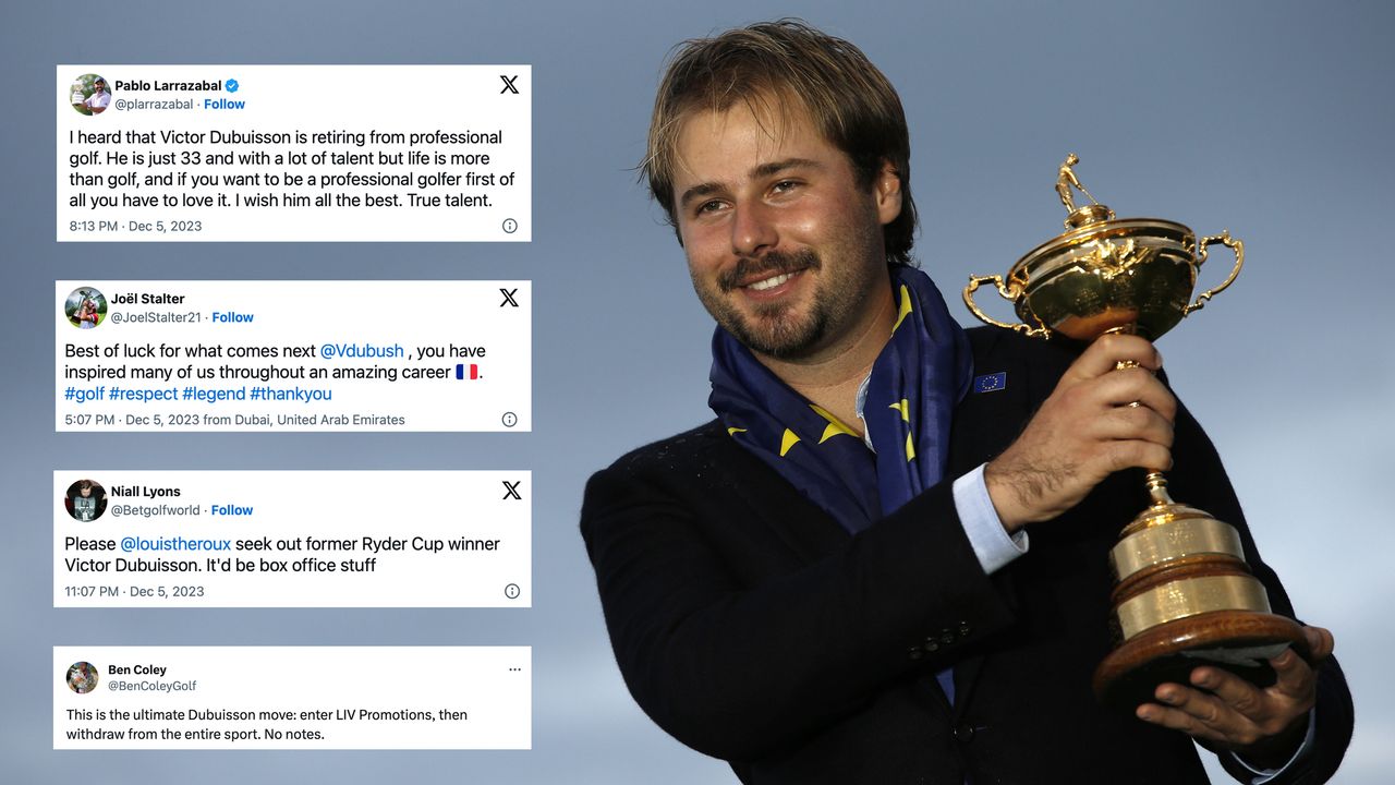 Victor Dubuisson holding up the Ryder Cup in 2014 alongside four screenshotted tweets about his retirement