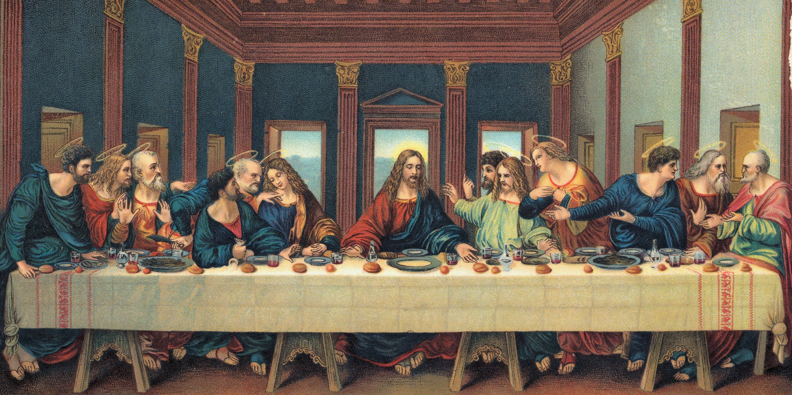 The Last Supper painting by Leonardo Da Vinci. Jesus sits at the centre of a table surrounded by his disciples in a room with classical style pilasters and windows behind them. 