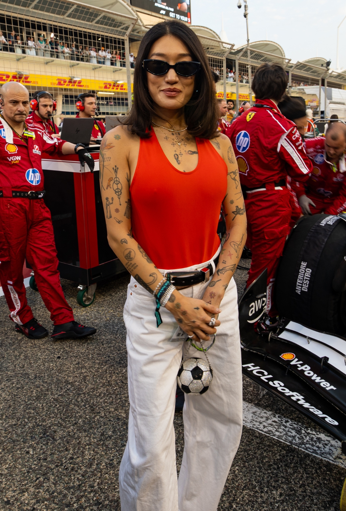 Peggy Gou took a photo with Ferrari of Monaco and Ferrari during the F1 Grand Prix at the Bahrain International Circuit on April 13, 2025 at the Bahrain International Circuit. (Photo taken by Kym Illman/Getty Images)