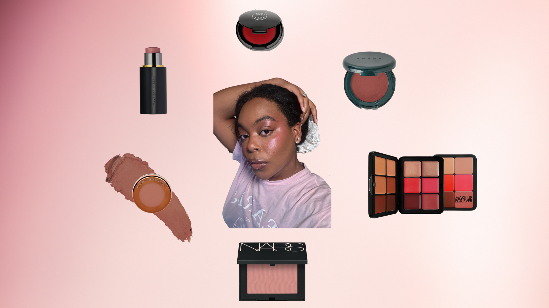 An image of Ariel Baker wearing blush and surrounded by blush makeup products