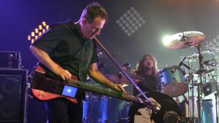 John Paul Jones and Dave Grohl of Them Crooked Vultures perform on stage at Festival Hall on 22nd January 2010 in Melbourne, Australia. Jones plays a custom madde Manson lapsteel bass guitar with built in Kaoss pad effects unit. 