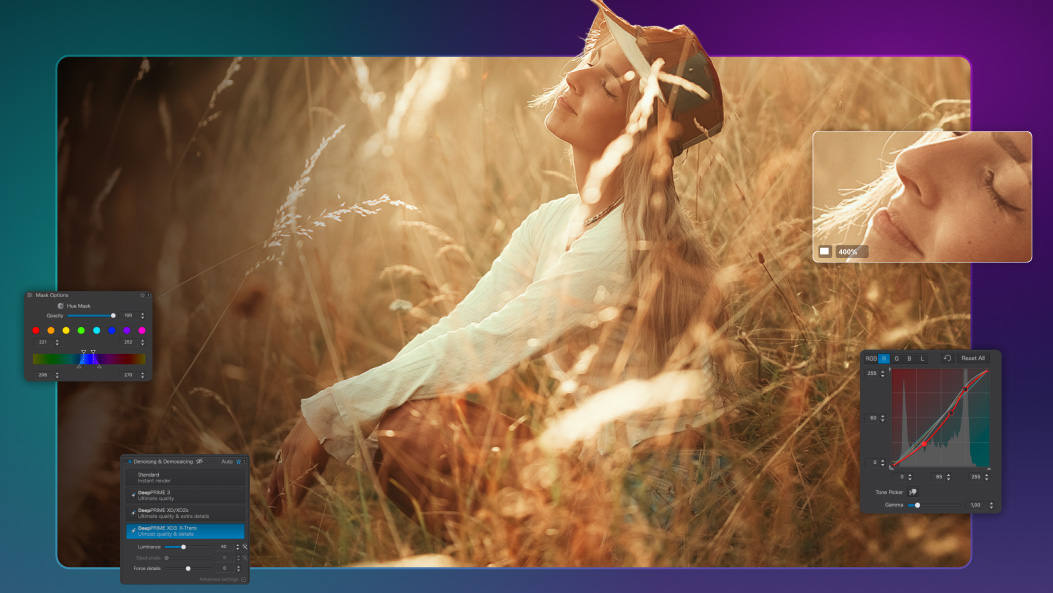 DxO PhotoLab 9 montage with screenshots from the software surrounding a portrait of a woman in a field 