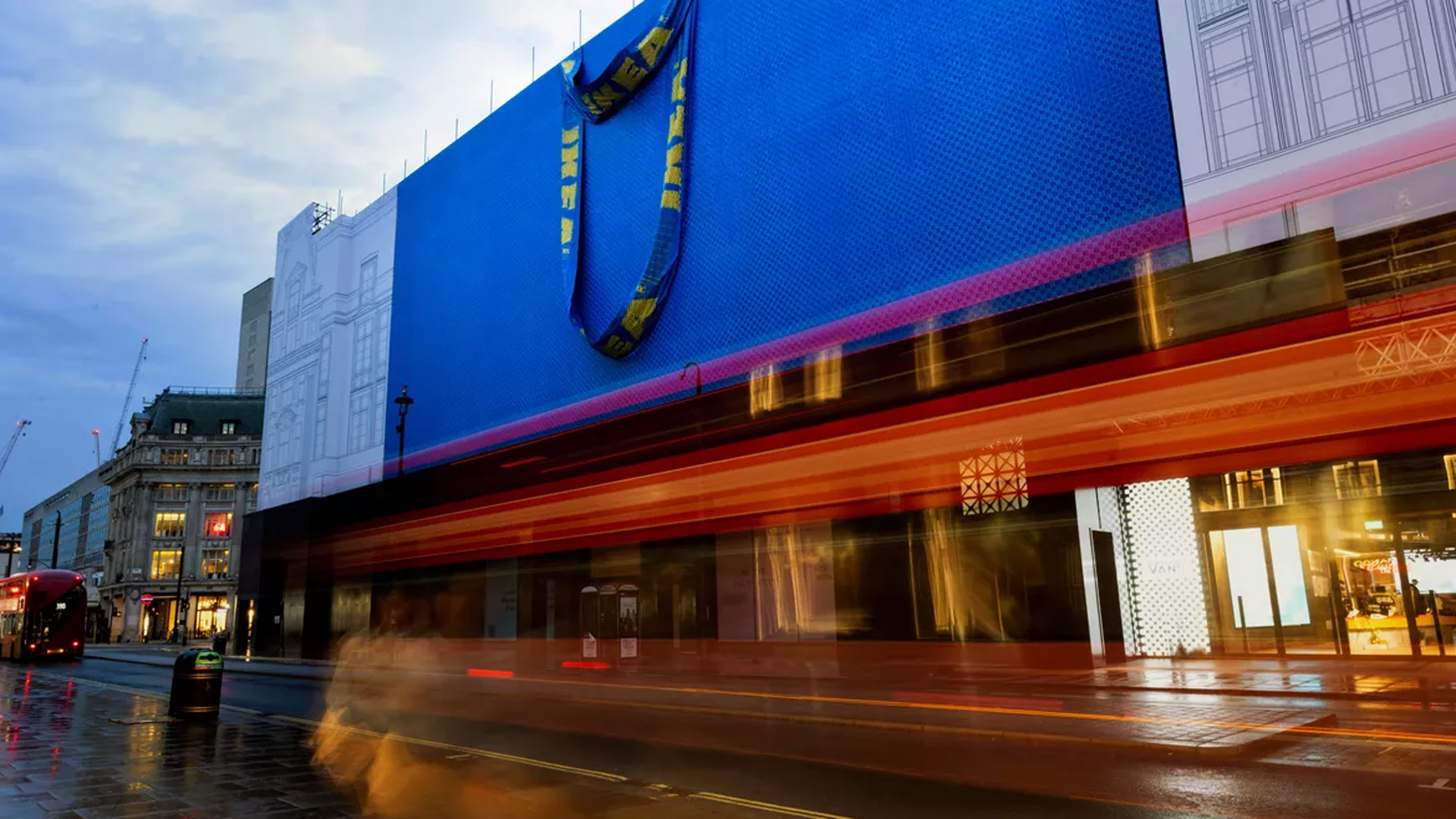 IKEA giant blue bag on building in Oxford Street