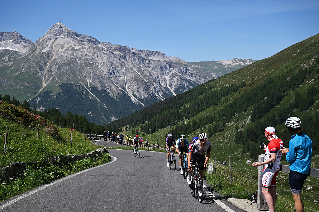 Ben O'Connor of Australia and Team Jayco AlUla, Felix Gall of Austria and Team Decathlon AG2R La Mondiale, Oscar Onley of Great Britain and Team Picnic PostNL and Joao Almeida of Portugal and UAE Team Emirates - XRG compete climbing to the Splugen pass (2110m) landscape during the 88th Tour de Suisse, Stage 4 a 193.2km stage from Heiden to Piuro (Valchiavenna) / #UCIWT / on June 18, 2025 in Piuro, Switzerland. (Photo by Tim de Waele/Getty Images)
