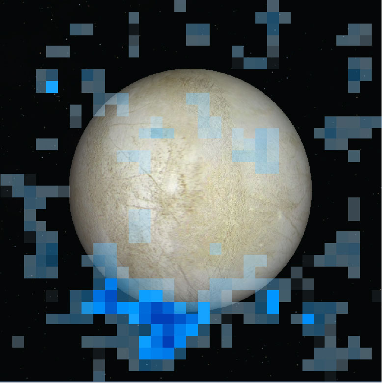 A south polar water vapor plume on Europa is shown in blue in this Hubble Space Telescope data image, which is superimposed on a visible light image of the Jupiter moon&#039;s leading hemisphere. 