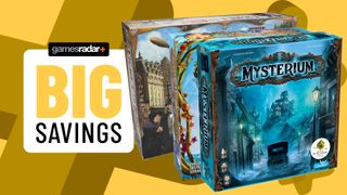 Mysterium, Spirit Island, and Ticket to Ride: Legacy of the West boxes beside a &#039;big savings&#039; badge, all against a yellow background