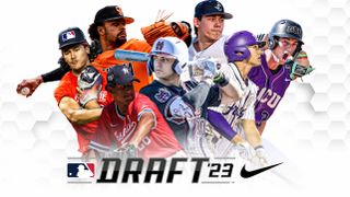 The MLB Draft 2023 draft logo with a group of the top prospects collaged