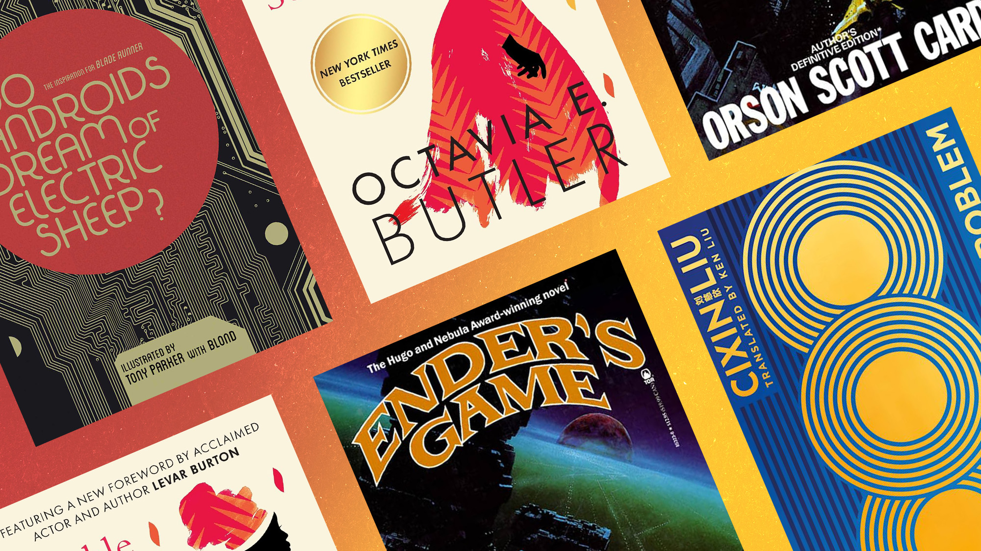 Book covers of &lsquo;Do Androids Dream of Electric Sheep?&rsquo; by Philip K. Dick, &lsquo;Ender's Game&rsquo; by Orson Scott Card, &lsquo;Parable of the Sower&rsquo; by Octavia Butler and &lsquo;The Three-Body Problem&rsquo; by Liu Cixin