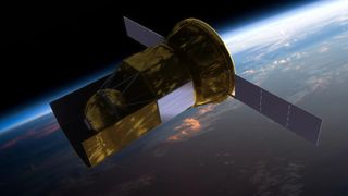 a gold-foiled satellite floats in space above Earth, with two, three-panel solar arrays on either side.