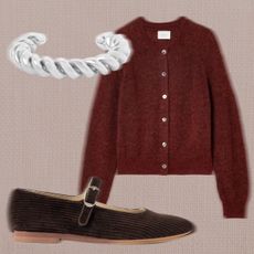 Collage of Brown Mary Janes, Red Sweater, and Silver Bracelet