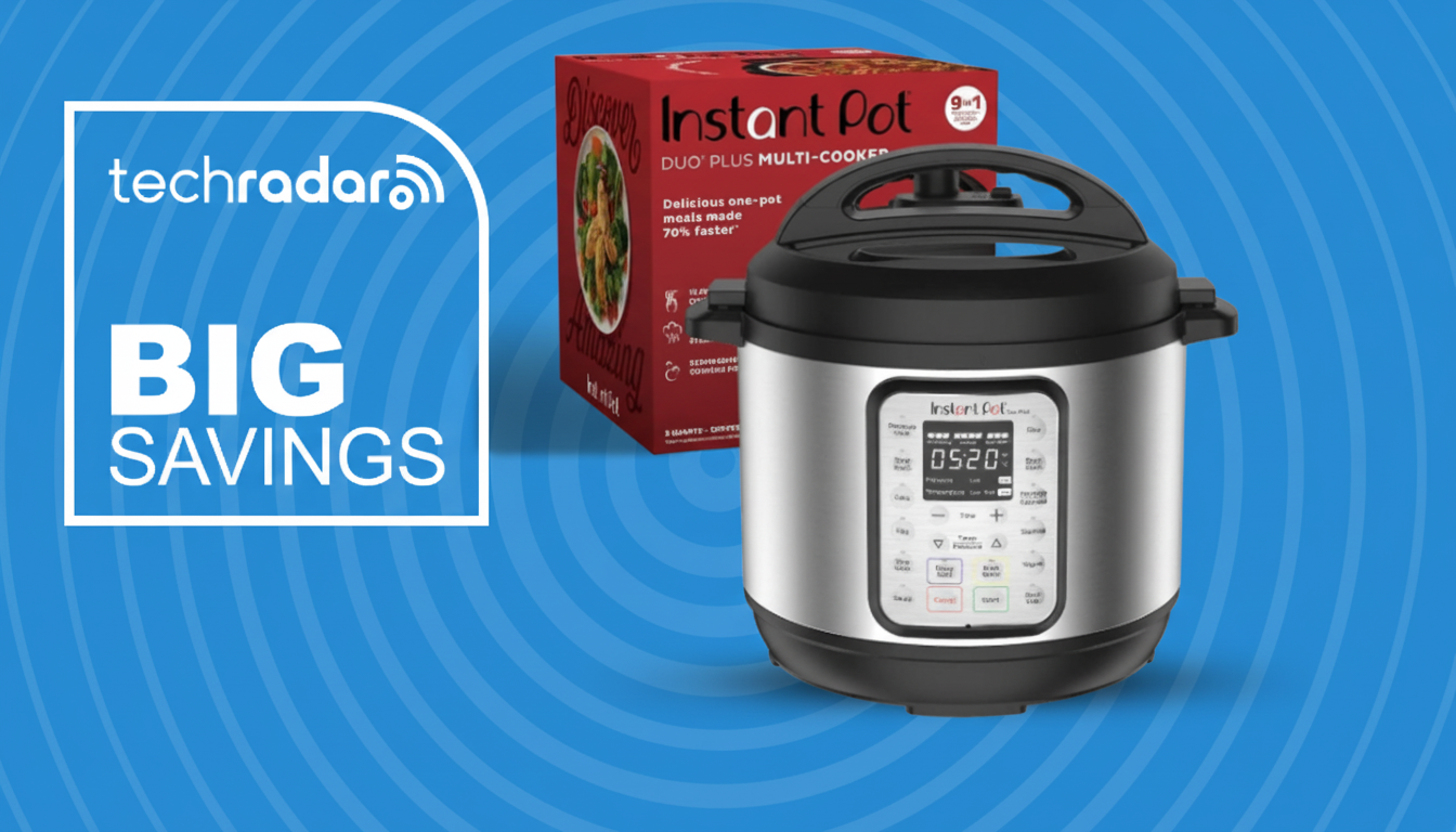 Instant Pot Duo on a blue background with radar motif, next to text reading &#039;TechRadar Big savings&#039;