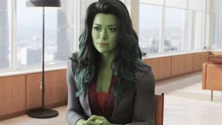Tatiana Maslany as Jennifer "Jen" Walters/She-Hulk, sitting in a law office, in She-Hulk