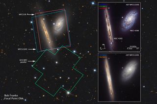 This image shows the same two galaxies imaged with Hubble's Wide Field Camera 3 (WFC3) in two different light channels — infrared (IR) and ultraviolet/visible light (UVIS) — with different color filters. Because infrared light can pierce through interstellar dust, more stars are visible in the infrared images.