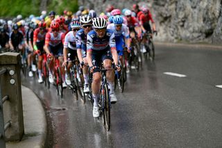 VILLARSSUROLLON SWITZERLAND JUNE 13 Kasper Asgreen of Denmark and Team Soudal QuickStep leads the peloton during the 86th Tour de Suisse 2023 Stage 3 a 1438km stage from Tafers to VillarssurOllon 1256m UCIWT on June 13 2023 in VillarssurOllon Switzerland Photo by Dario BelingheriGetty Images