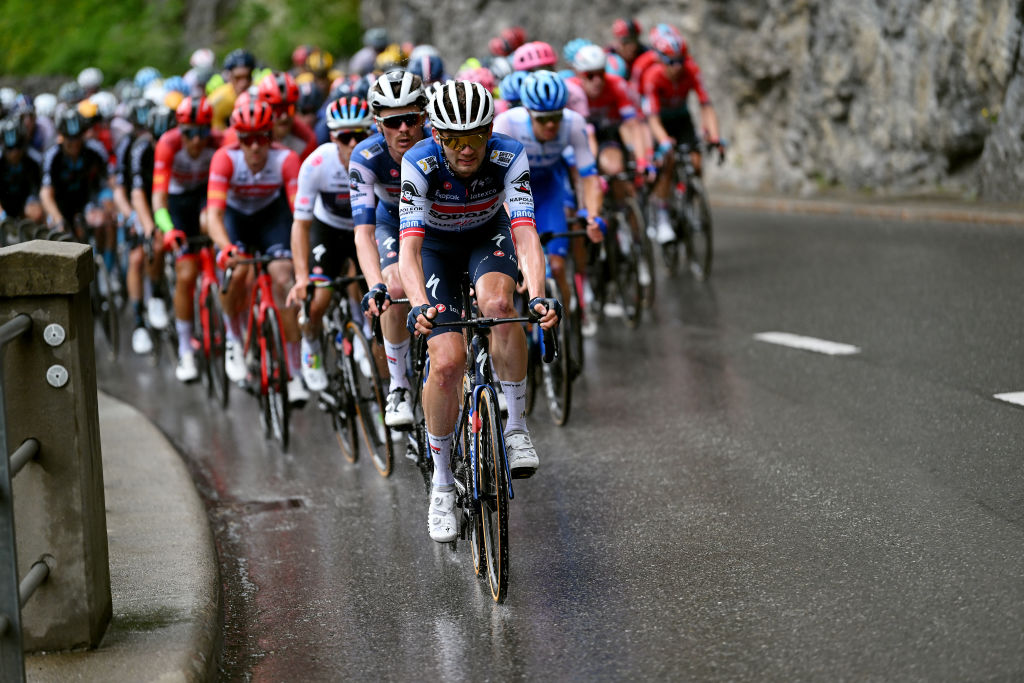 VILLARSSUROLLON SWITZERLAND JUNE 13 Kasper Asgreen of Denmark and Team Soudal QuickStep leads the peloton during the 86th Tour de Suisse 2023 Stage 3 a 1438km stage from Tafers to VillarssurOllon 1256m UCIWT on June 13 2023 in VillarssurOllon Switzerland Photo by Dario BelingheriGetty Images