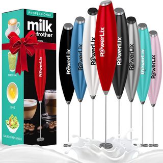 A selection of handheld battery-operated Powerlix milk frothers in a selection of different colours