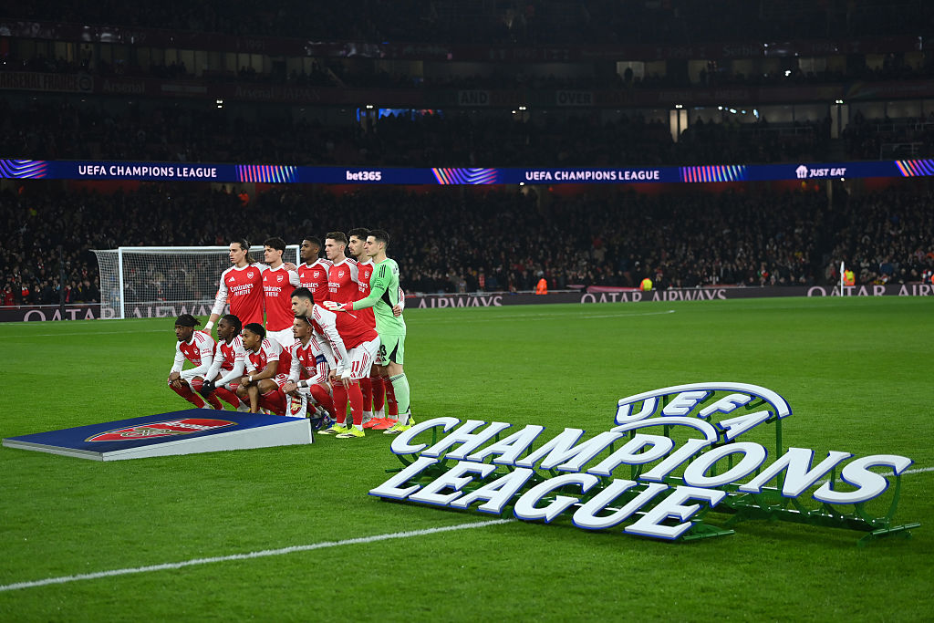 A general view as players of Arsenal pose for a team photograph prior to the UEFA Champions League 2025/26 League Phase MD8 match between Arsenal FC and FC Kairat Almaty at Arsenal Stadium on January 28, 2026 in London, England.