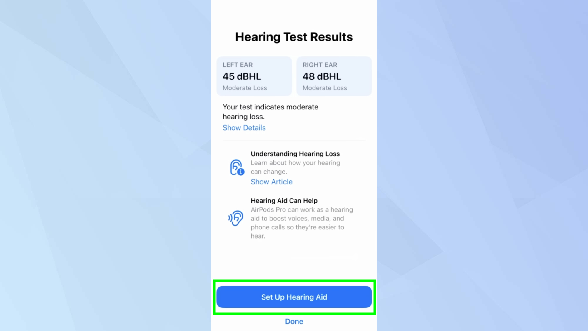 Configure the highlighted hearing aid 