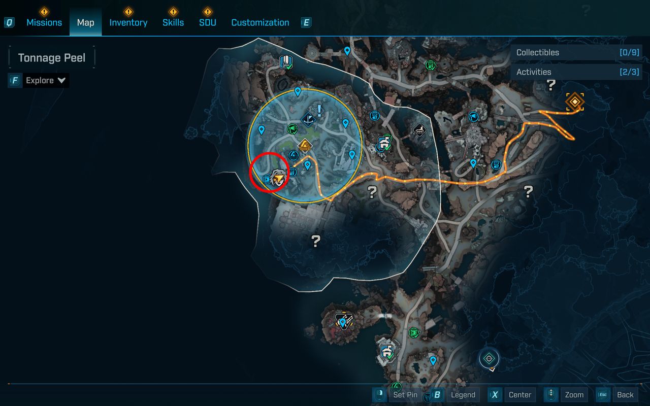 Borderlands 4 vault key fragment locations: A map with a red circle highlighting the in the west of Carcadia Burn, in the Tonnage Peel area.