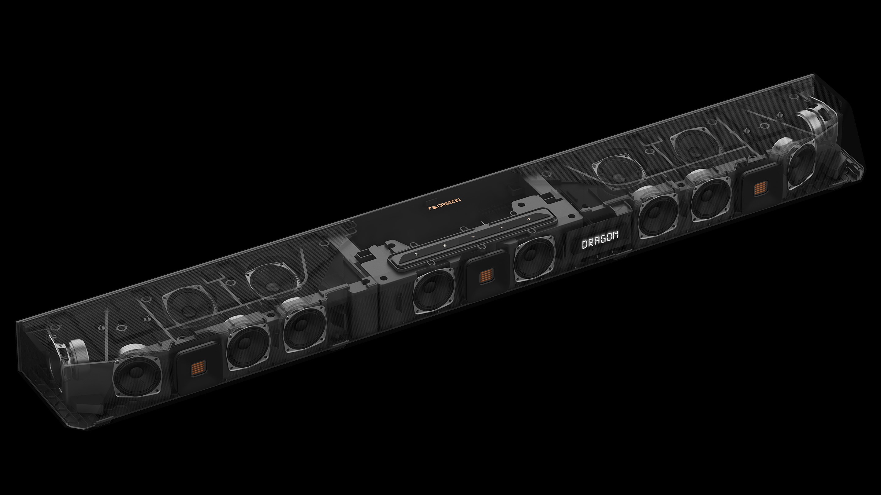 Nakamichi Dragon Soundbar Cutaway mit Treibern auf schwarzem Hintergrund