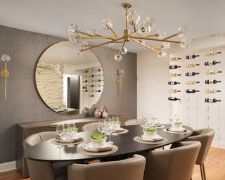 Grey and gold dining room wall idea with floating wine rack wall