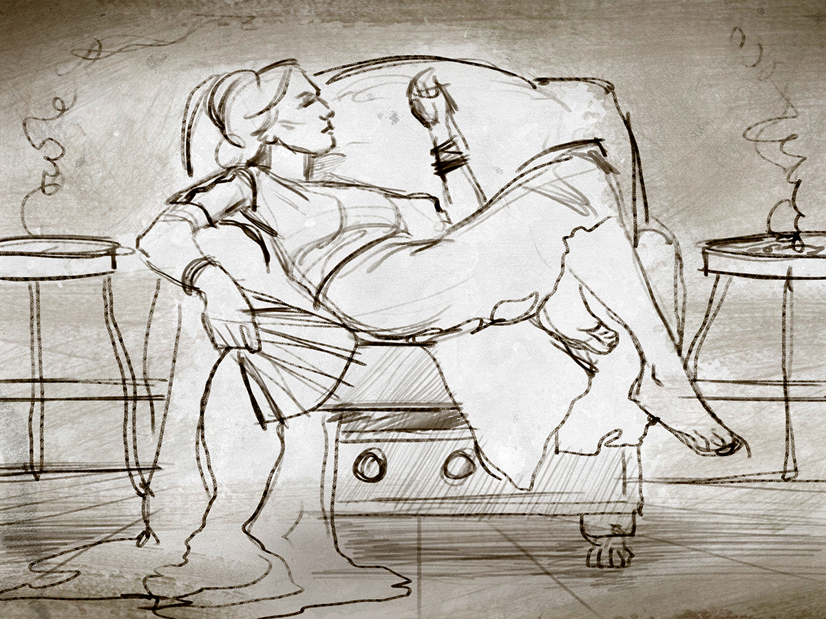 more elaborate sketch of woman on a chair