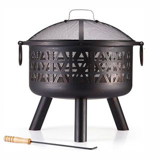 A black fire pit with decorative mesh sides and a wooden poker