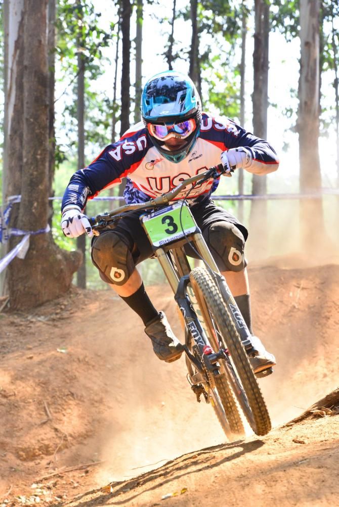 American Richard Rude Jnr claimed the Junior men's downhill World Championship ahead of Frenchman Loris Vergier (left) and Great Britain's Michael Jones (right) in blustery conditions on Friday at the Cascades MTB Park in Pietermaritzburg