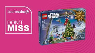 Star Wars LEGO advent calendar on a pink background next to text reading "Don't miss"