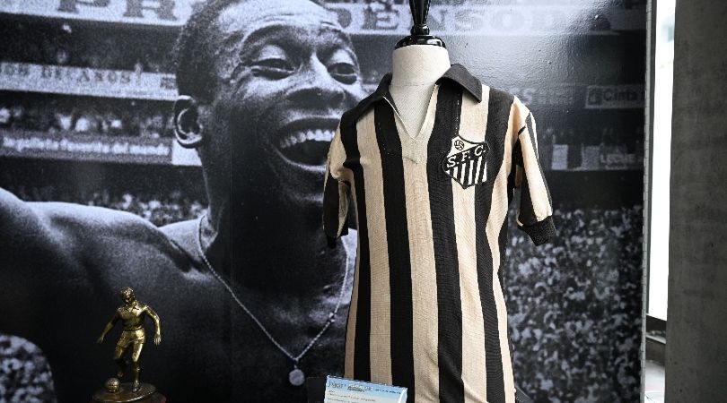 A match-issued Pele Santos jersey from 1956 on sale at an auction in June 2023.