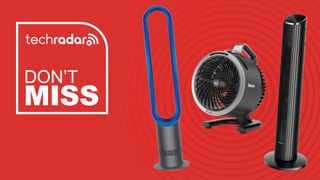 A selection of Dyson, Shark, and GoveeLife fans are pictured against a red background next to text which reads "don't miss".