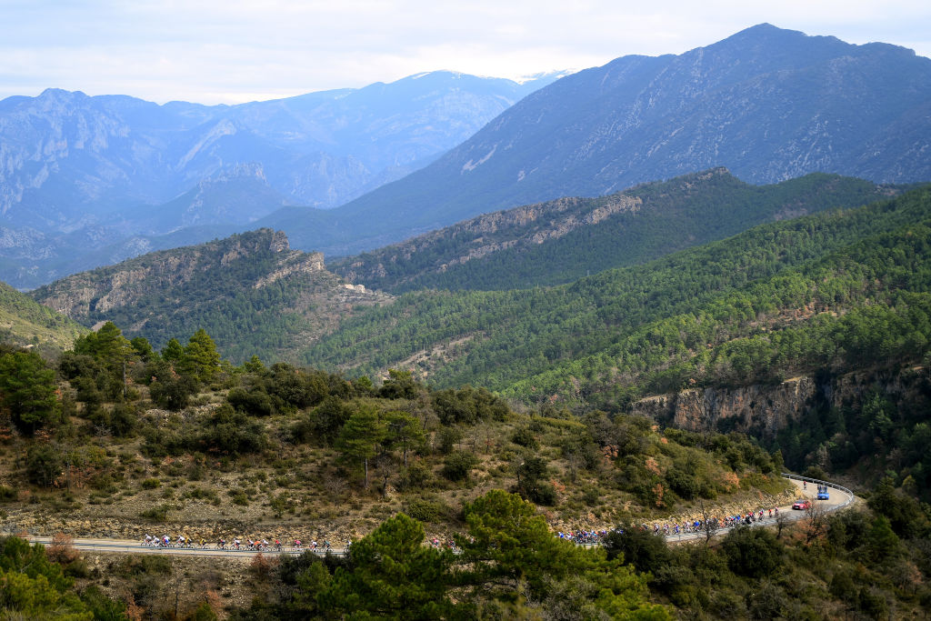 BO TALL SPAIN MARCH 24 A general view of the peloton passing through a landscape during the 101st Volta Ciclista a Catalunya 2022 Stage 4 a 1665km stage from La Seu dUrgell to Bo Tall 2015m VoltaCatalunya101 WorldTour on March 24 2022 in Bo Tall Spain Photo by David RamosGetty Images